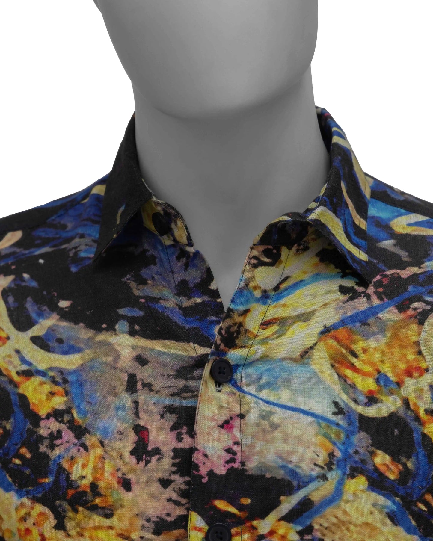 BLACK YELLOW SPACE PRINTED LINEN SHIRT