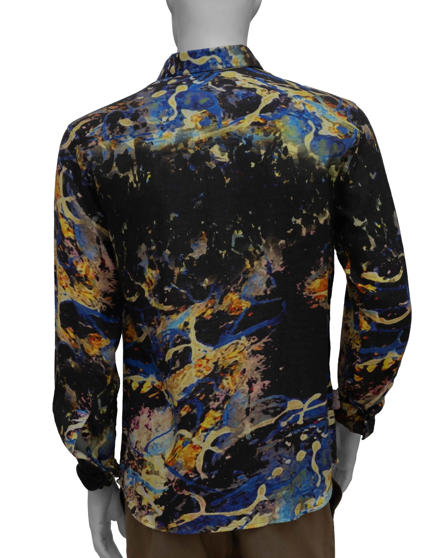 BLACK YELLOW SPACE PRINTED LINEN SHIRT