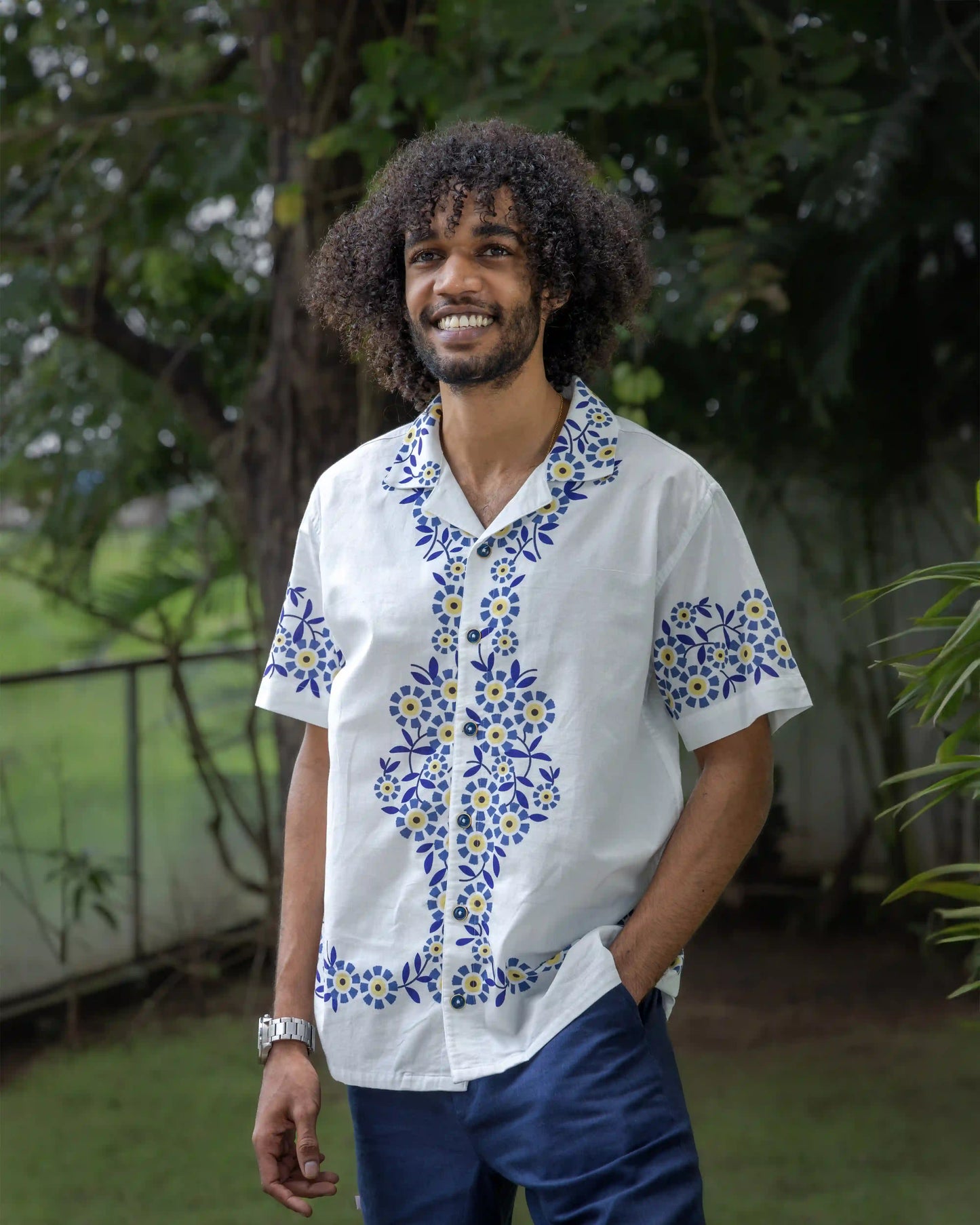 BLUE & YELLOW FLORAL PRINT SHIRT