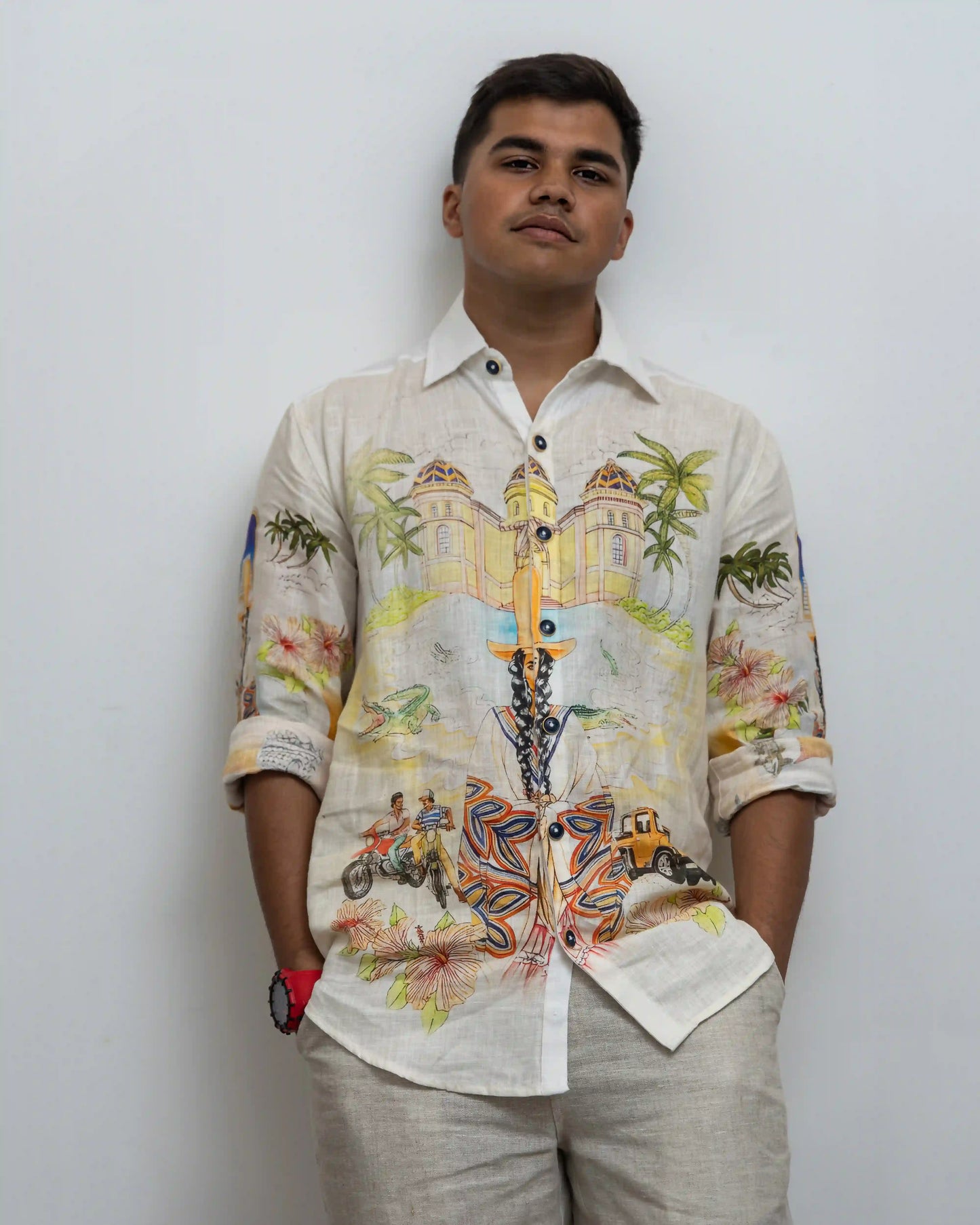 Model dressed in NAD's casa blanca spirit lake linen shirt for men.