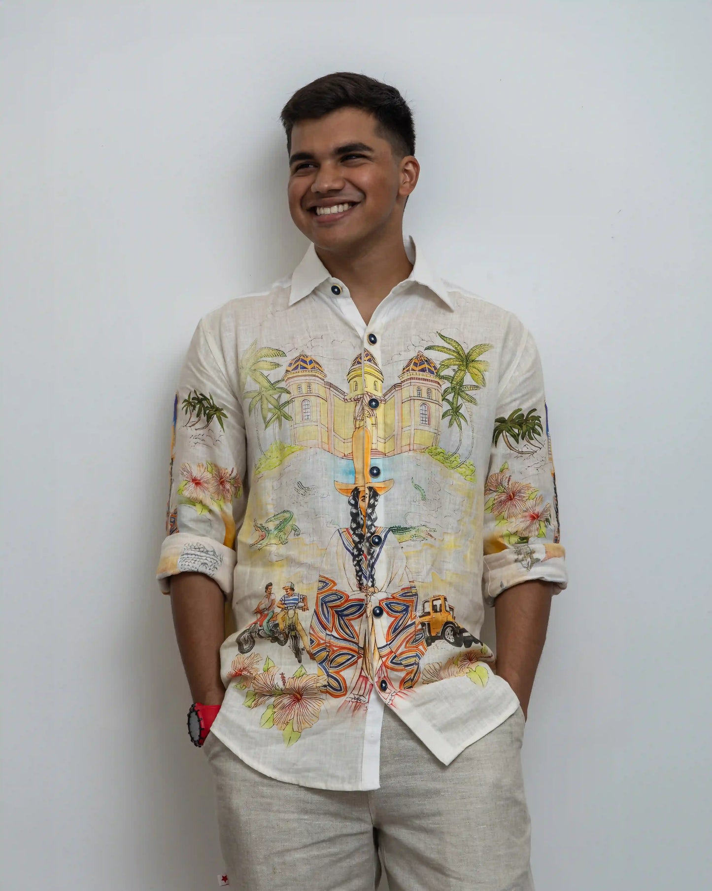 Model dressed in NAD's casa blanca spirit lake linen shirt for men.