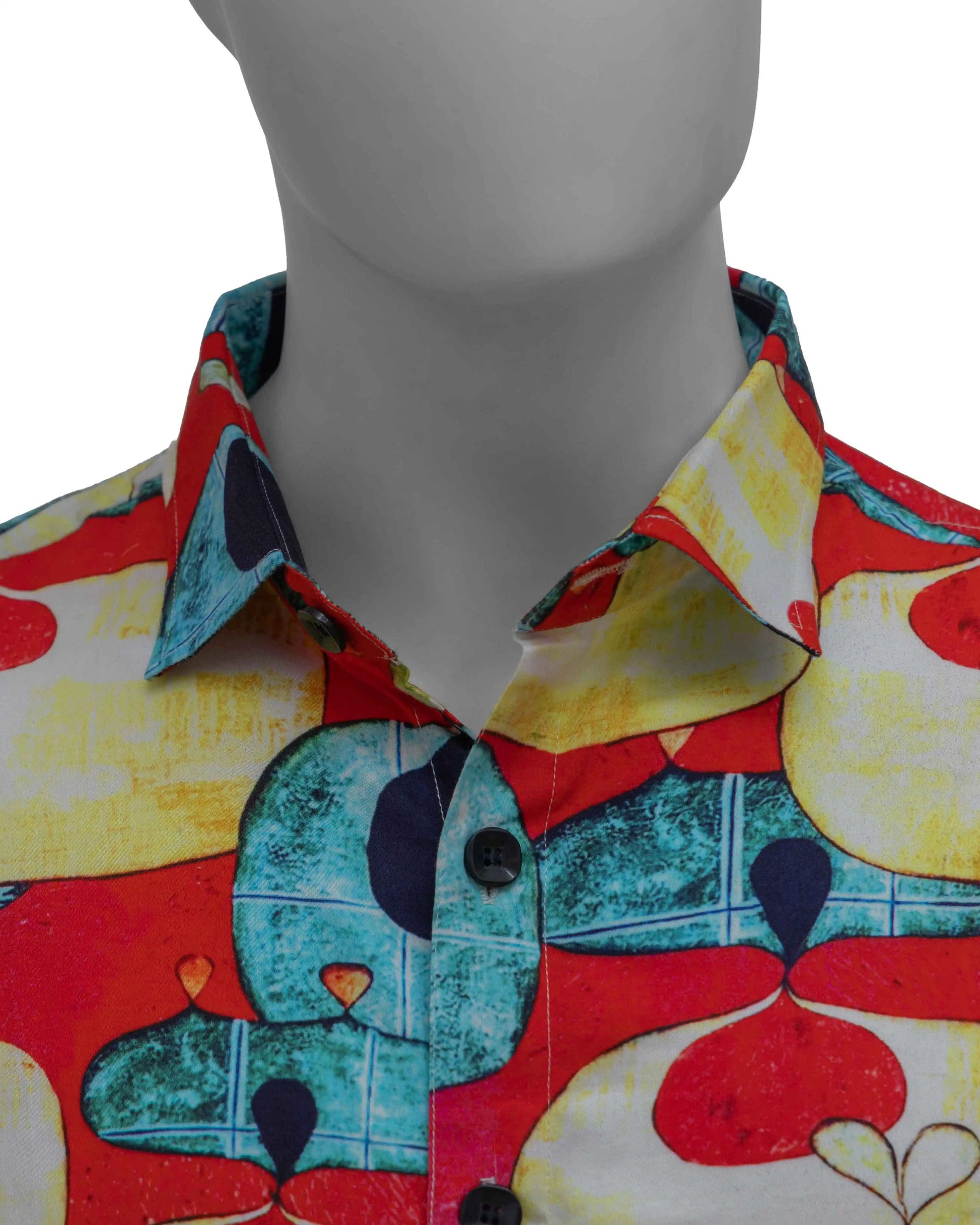 Close-up of NAD's black red and yellow poplin printed shirt for men.