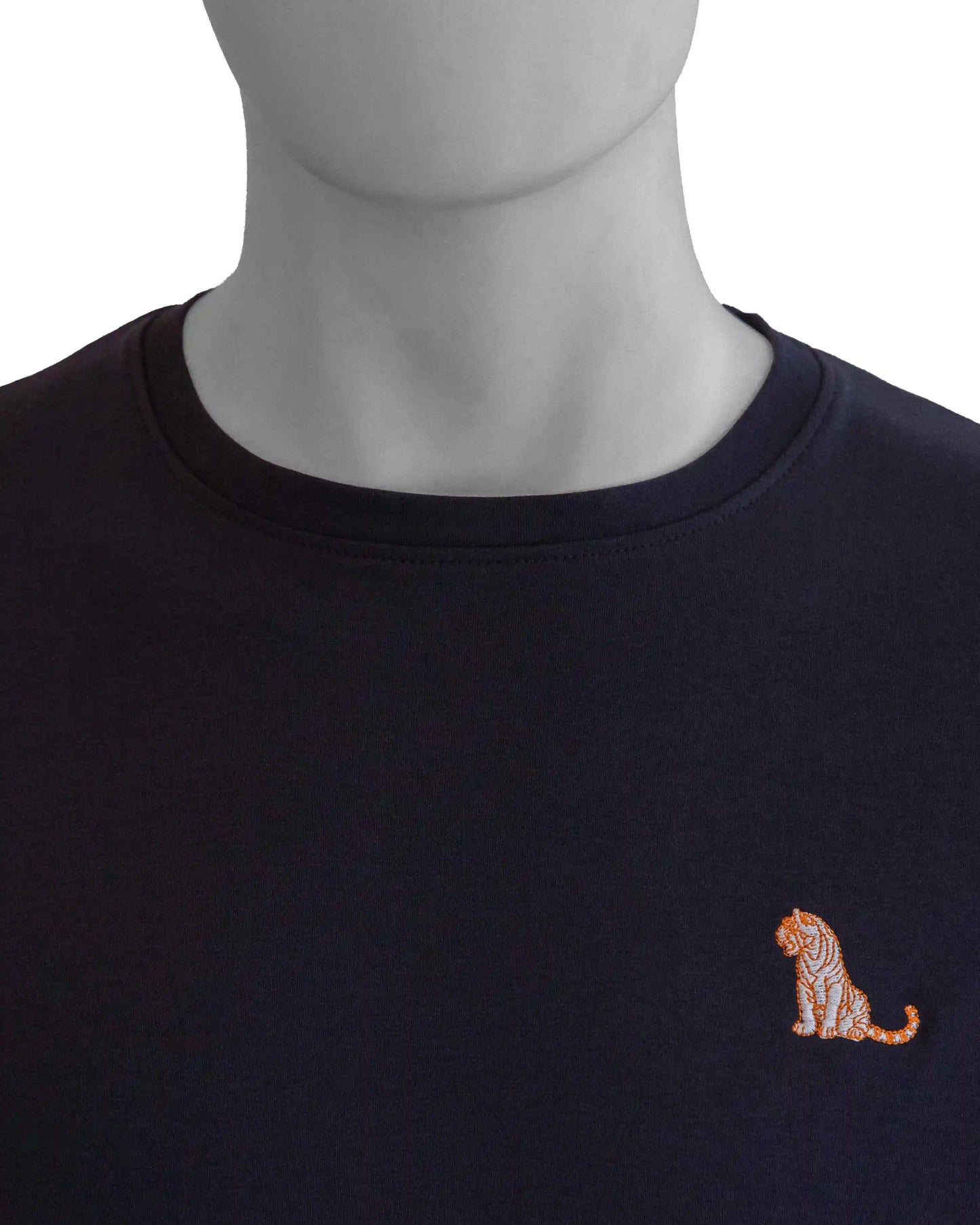 Close-up of NAD's navy blue cotton jersey crew t-shirt for men highlighting the embroidered tiger design.