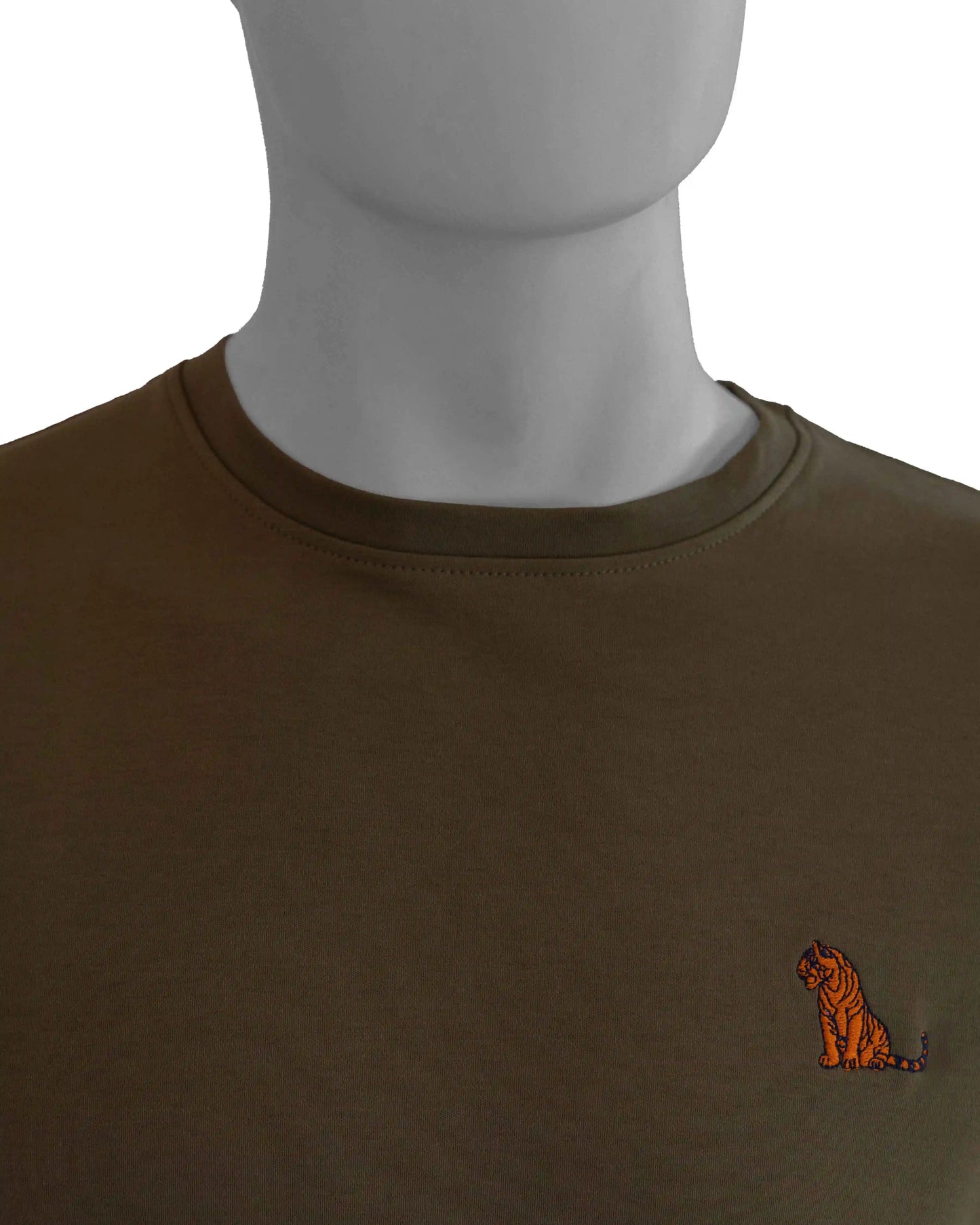 Close-up of a NAD's olive green cotton jersey crew t-shirt for men featuring a tiger design.