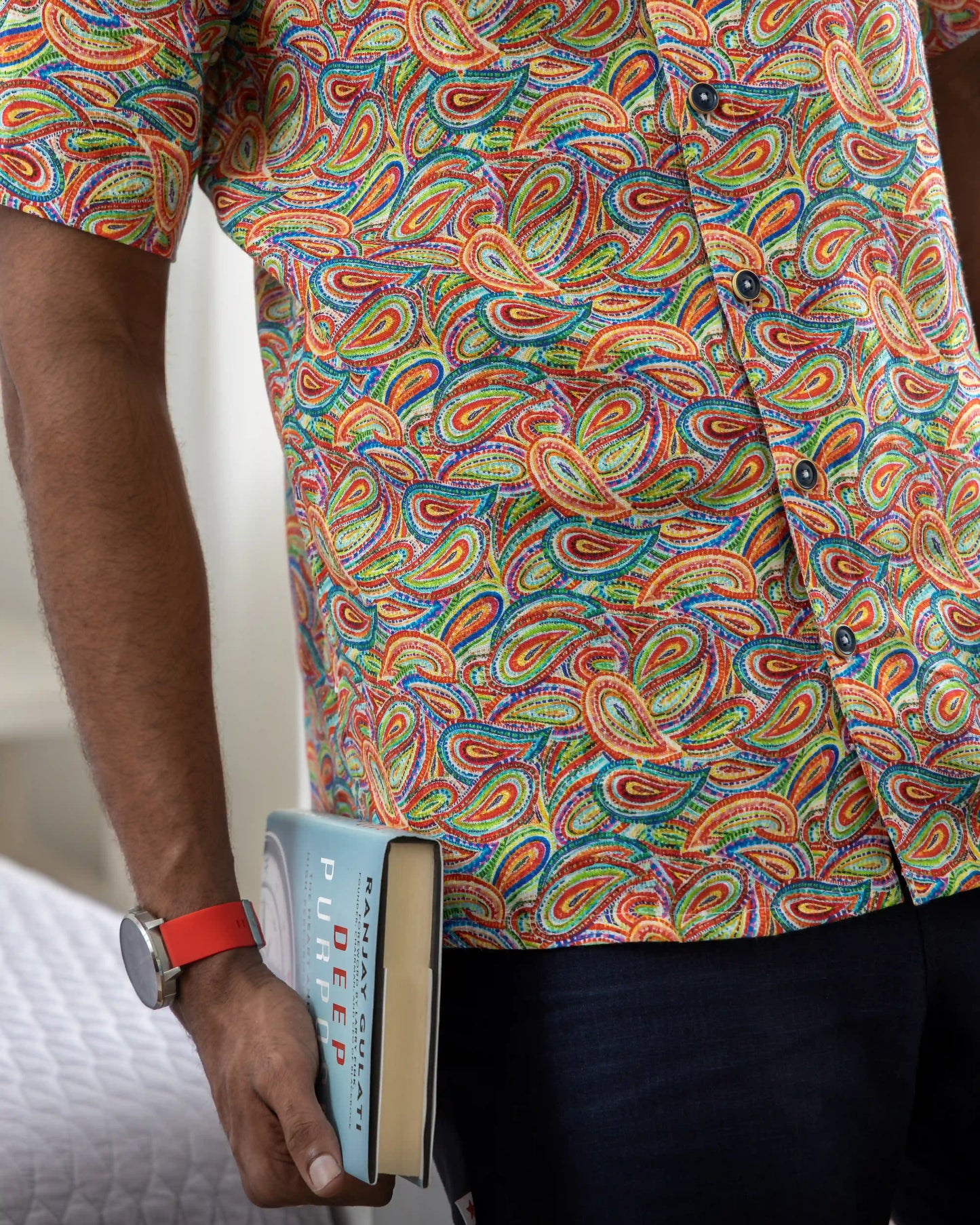 Close-up of NAD's paisley pattern shirt for men.
