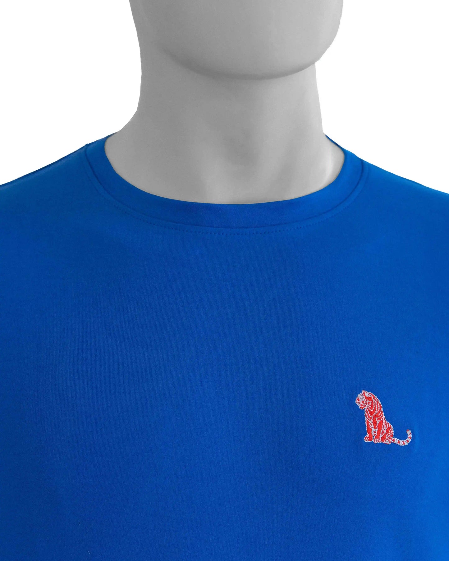 Close-up of royal blue cotton jersey crew t-shirt for men.