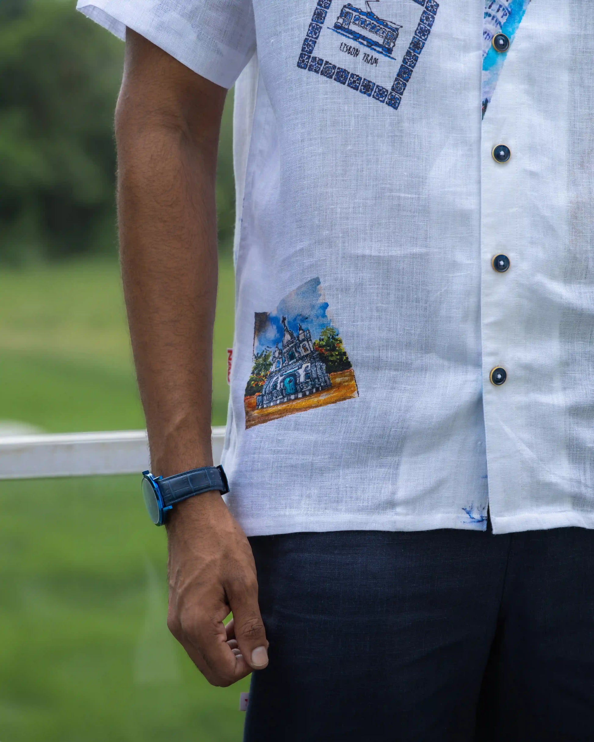 Close-up of NAD's stamp print linen shirt for men.