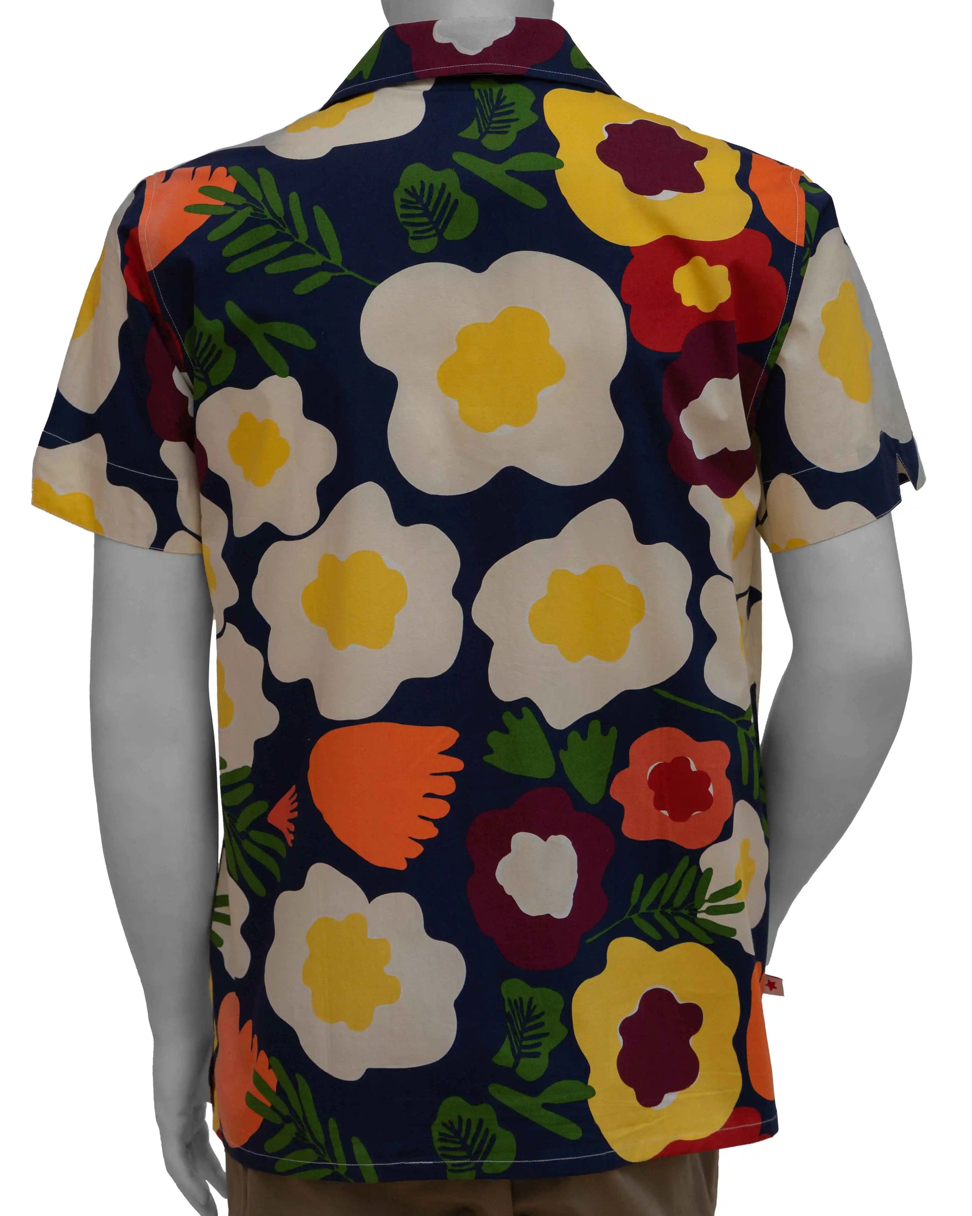 Back shot of NAD's yellow possie floral poplin printed shirt for men.