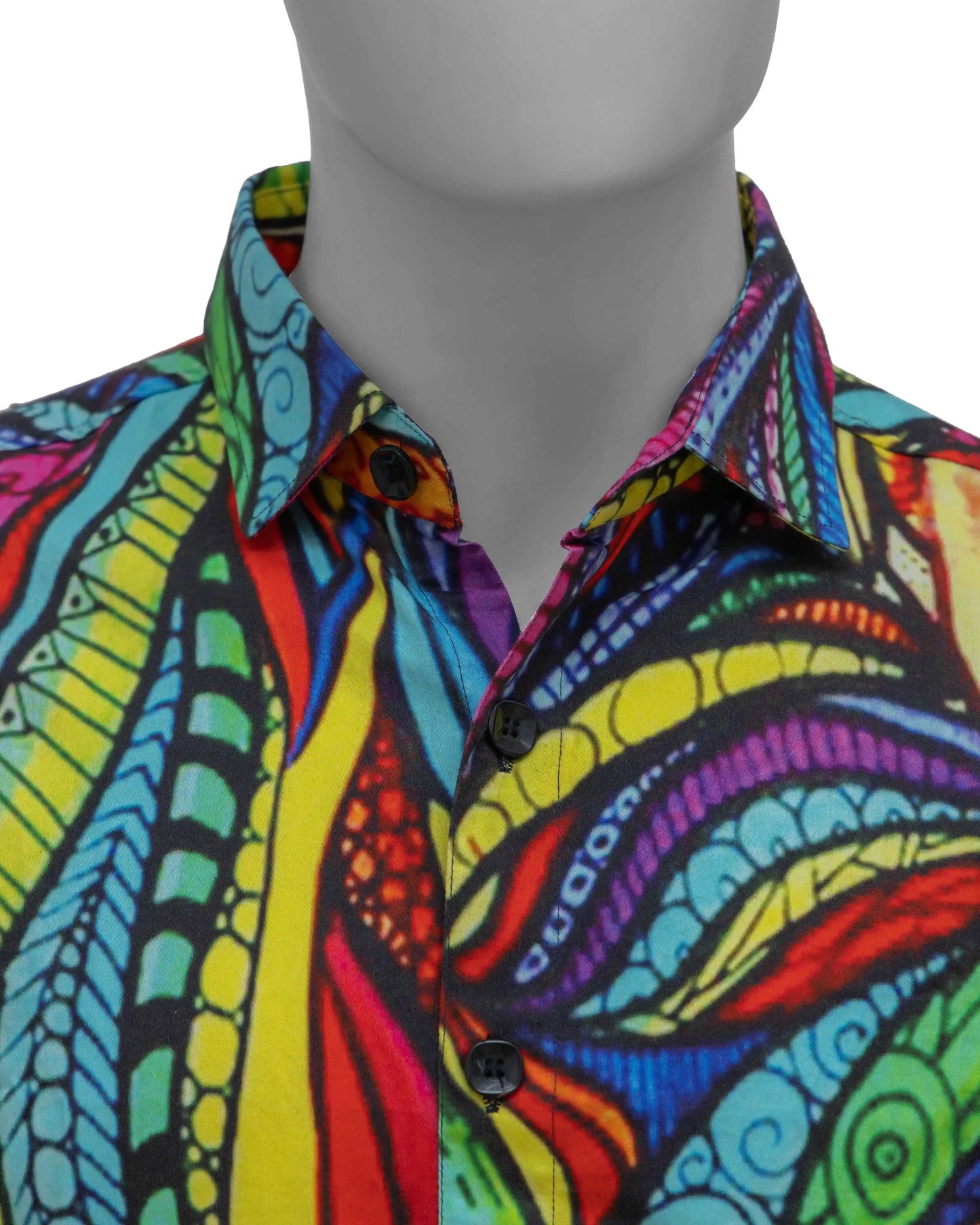 Close-up of NAD's African mamba poplin shirt for men, highlighting the collar, buttons, and unique designs.