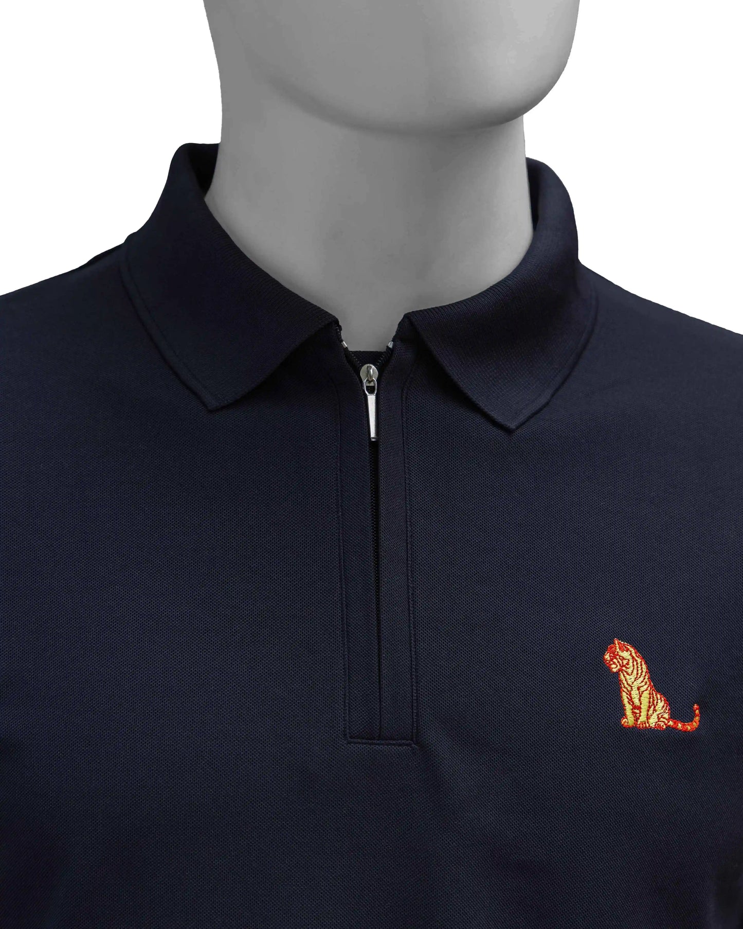 Close-up of  a NAD's black polyester polo t-shirt for men featuring a tiger design. 