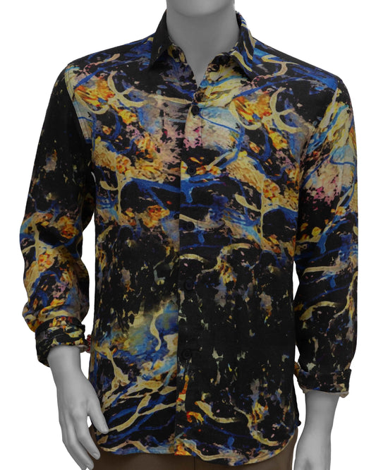 BLACK YELLOW SPACE PRINTED LINEN SHIRT