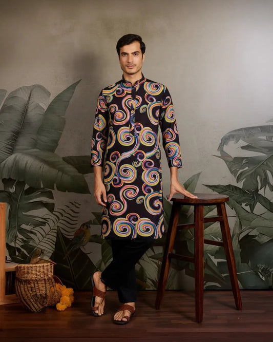 BLACK SPIRAL SILK KURTA
