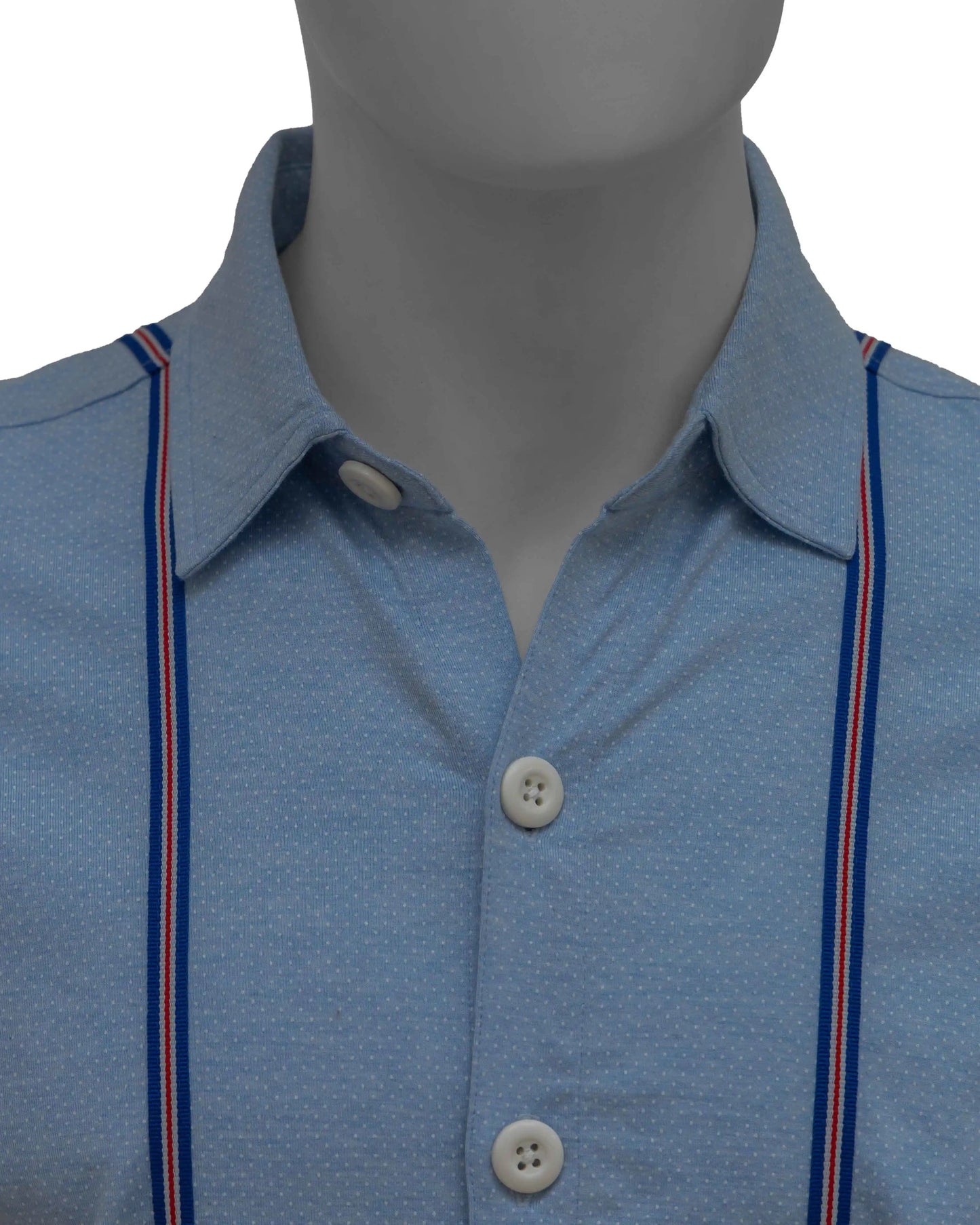 Close-up of NAD's blue cotton jersey shirt highlighting the collar design.