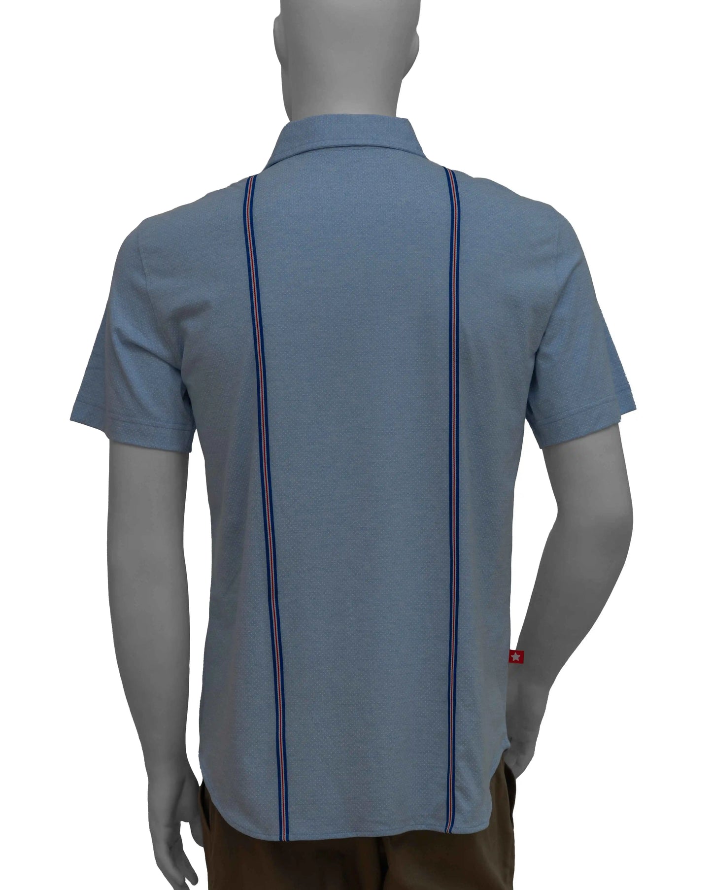 Back shot of NAD's blue cotton jersey shirt with blue tapes for men. 