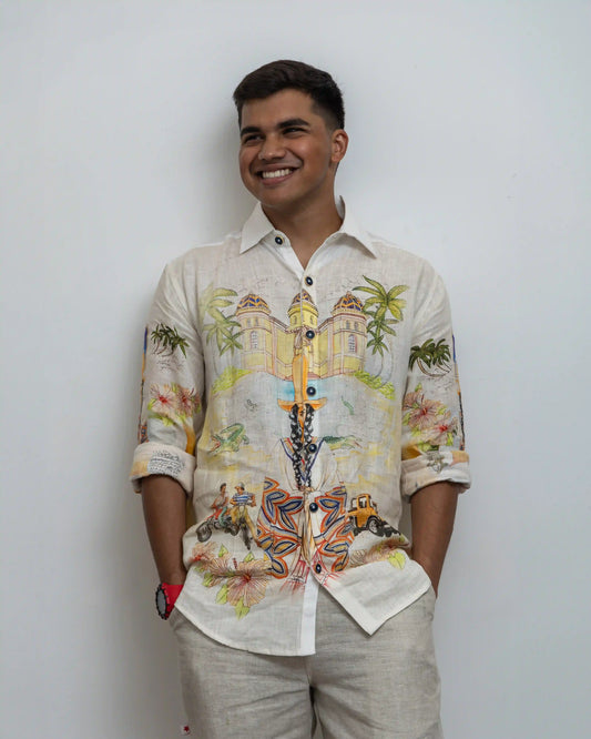 Model dressed in NAD's casa blanca spirit lake linen shirt for men. 