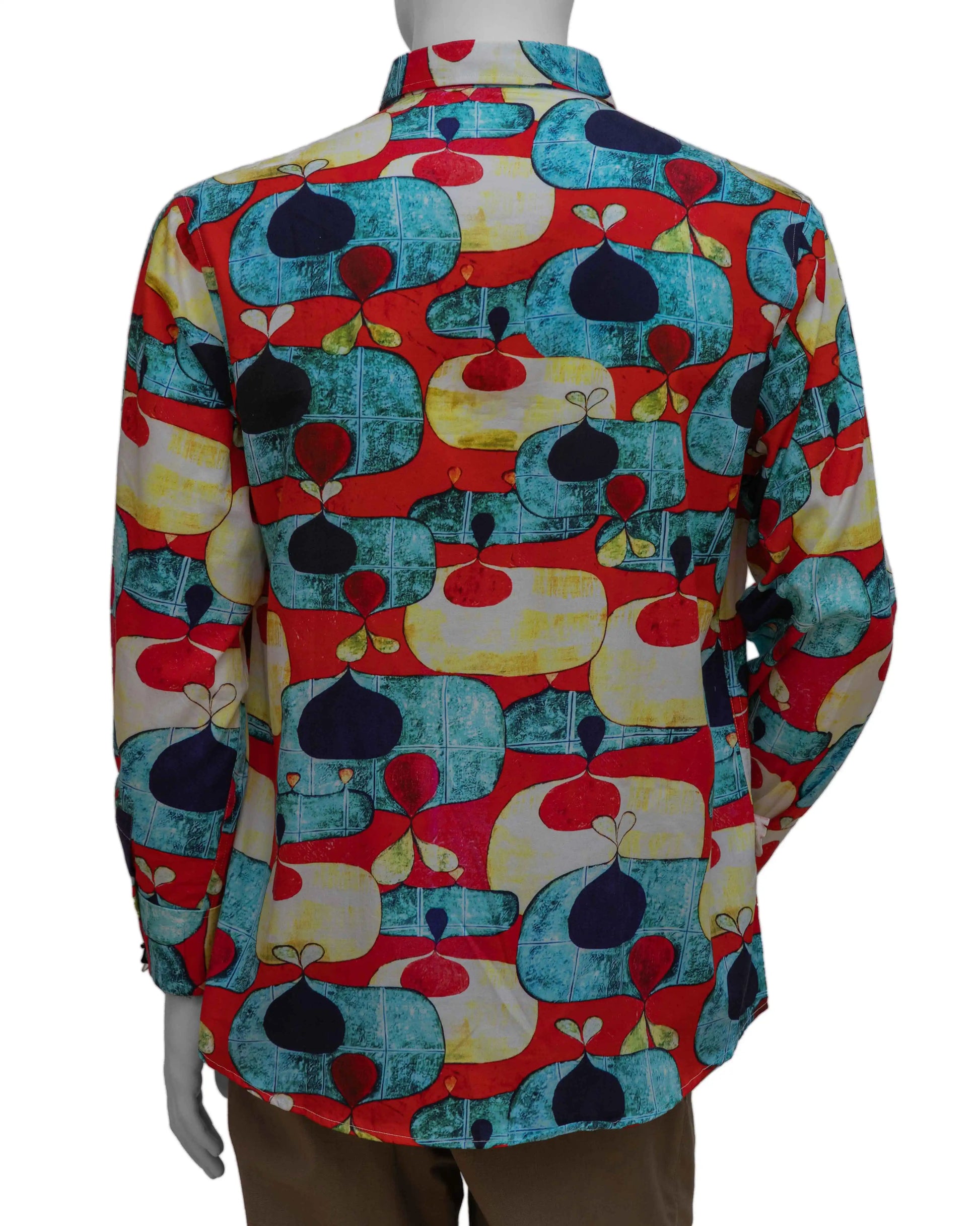 Back shot of NAD's black red yellow poplin printed shirt for men.