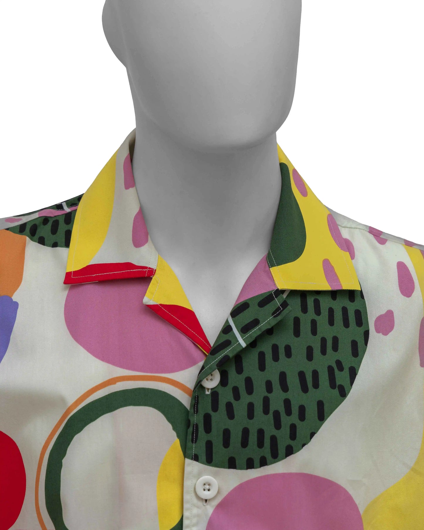 Close-up of NAD's distorted circle poplin printed shirt for men.