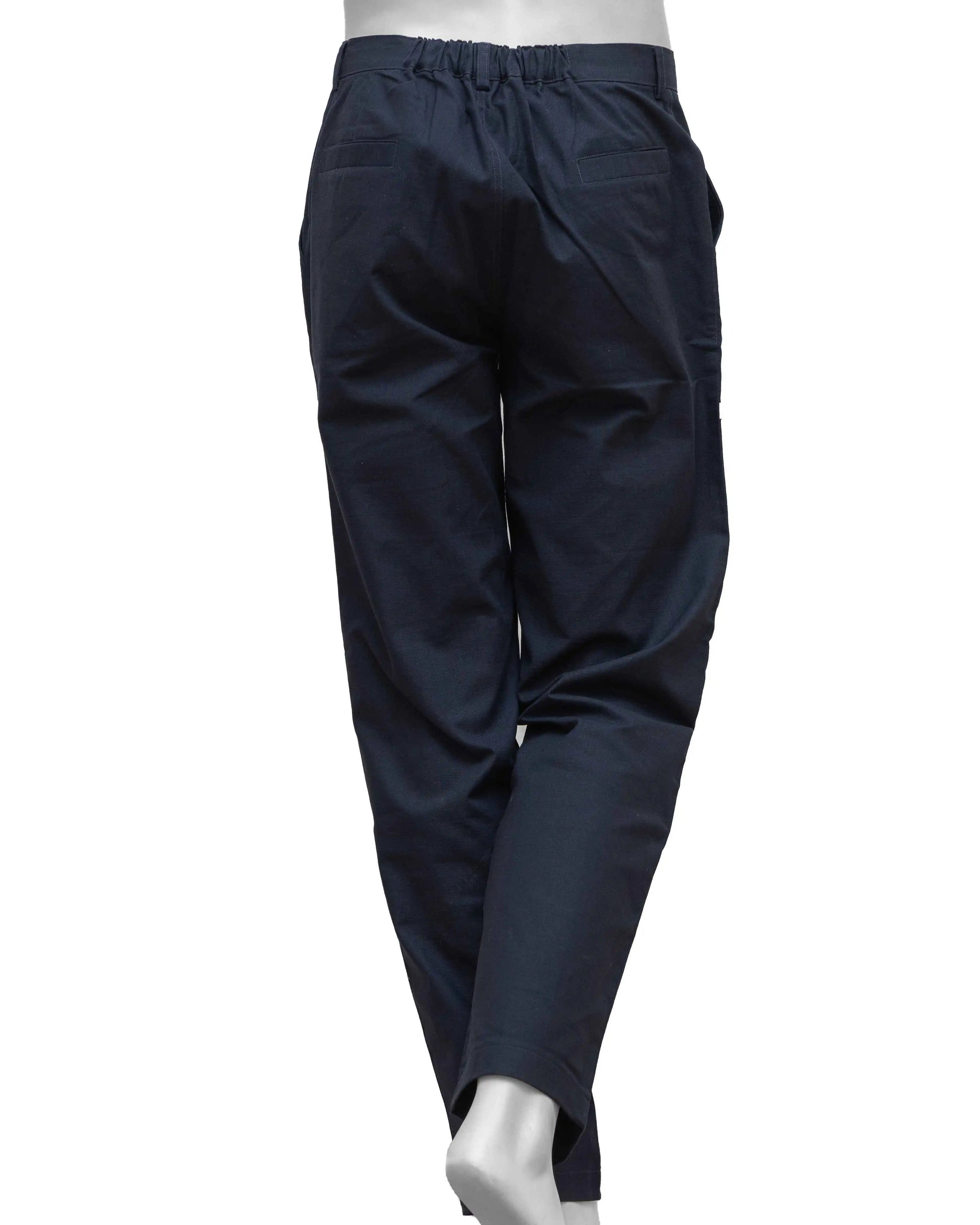 Back shot of NAD's navy blue cotton pants for men.