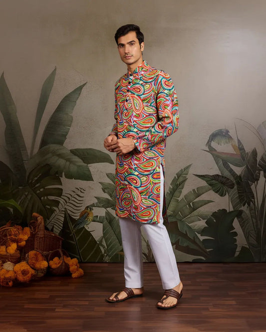 PAISLY ORANGE LINEN KURTA