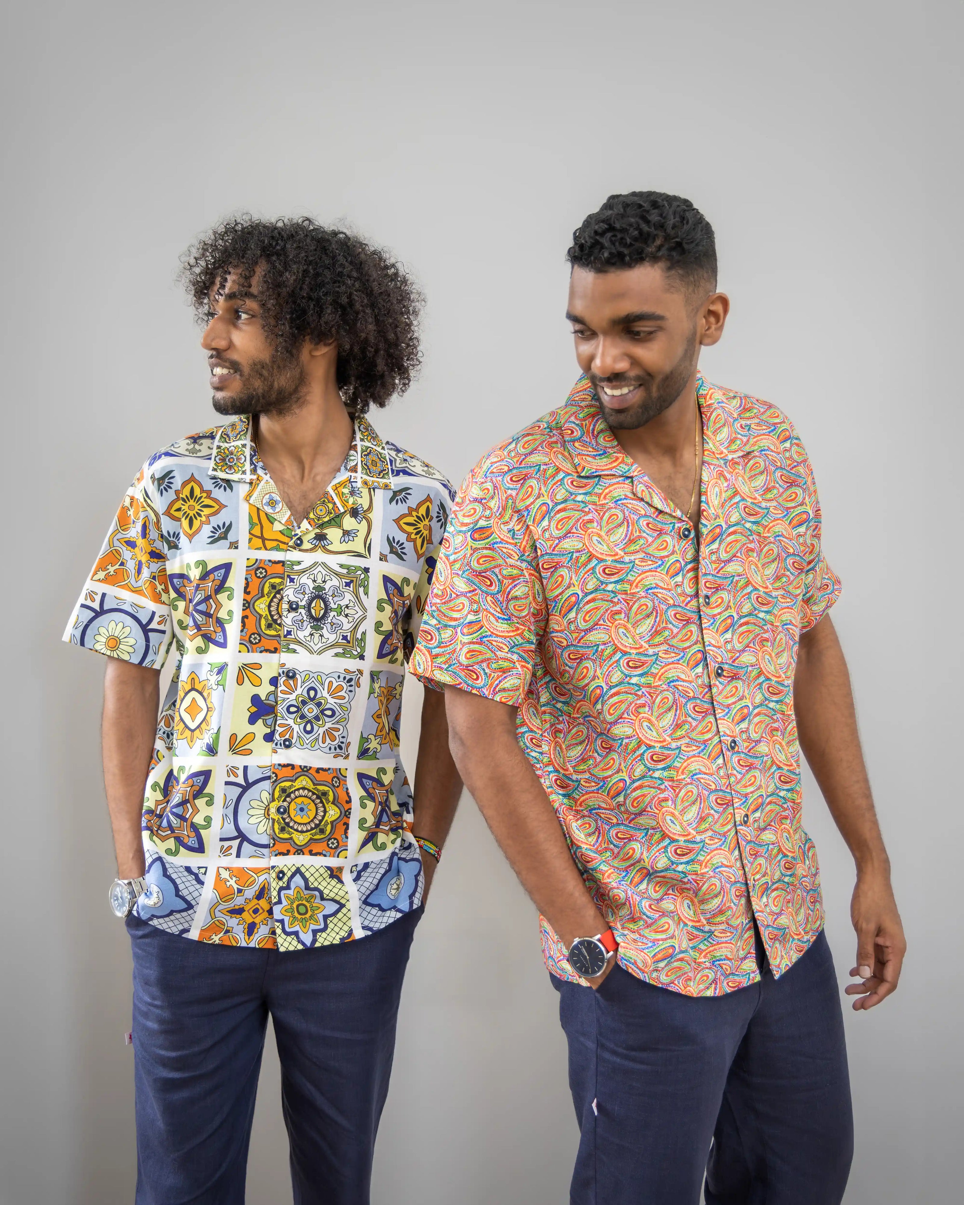 Models wearing NAD's colourful printed shirt for men.