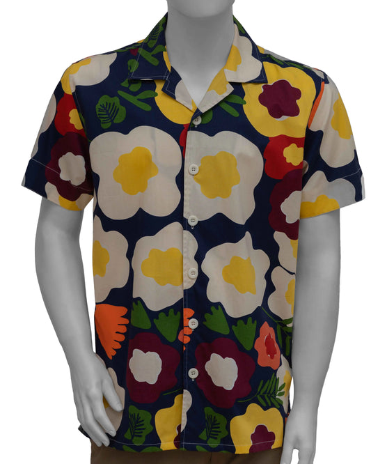 Mannequin displaying NAD's yellow possie floral poplin printed shirt for men. 