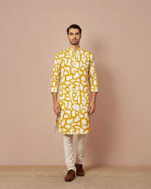 YELLOW WHITE LINEN KURTA