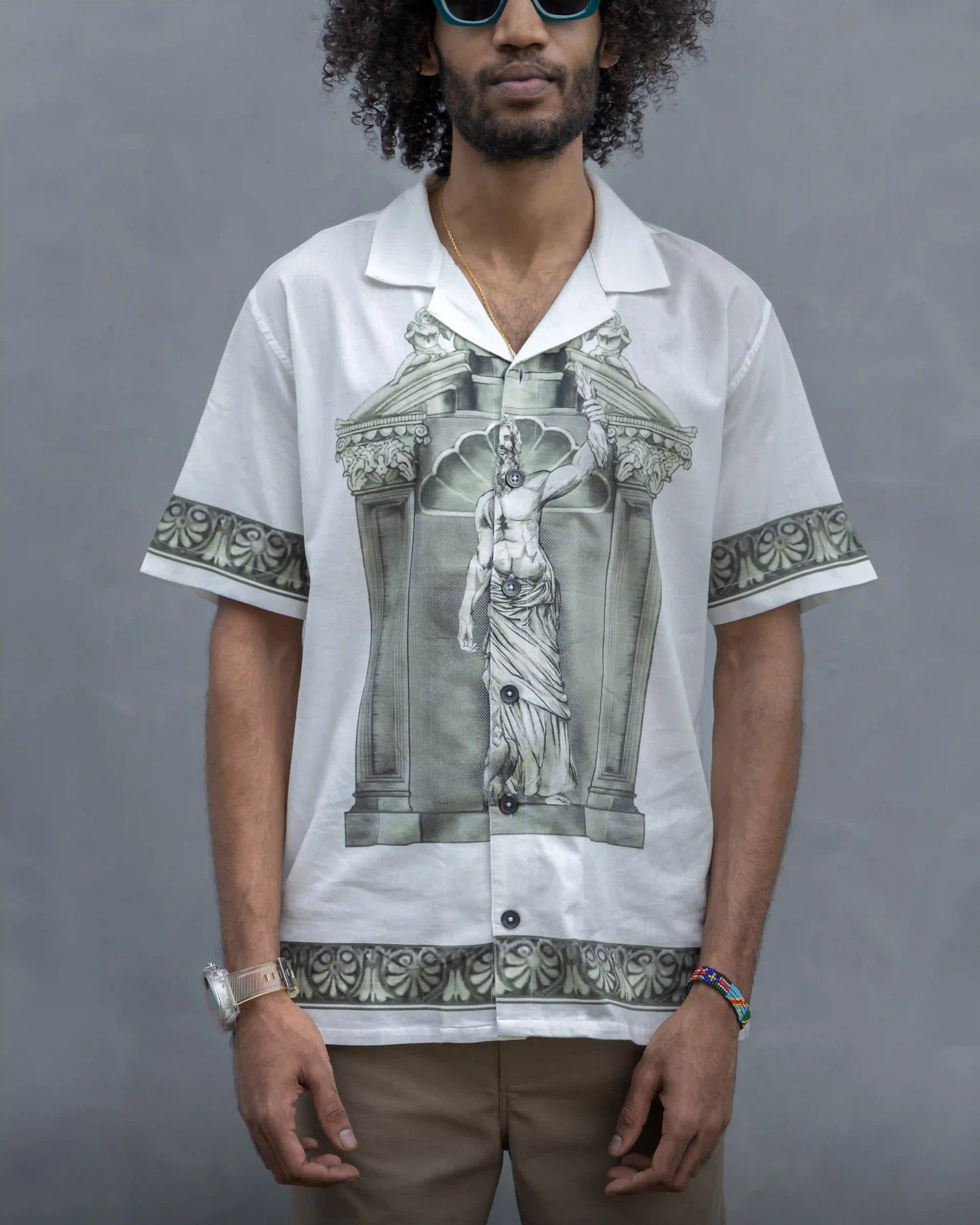 Model wearing NAD's Zeus print shirt for men. 